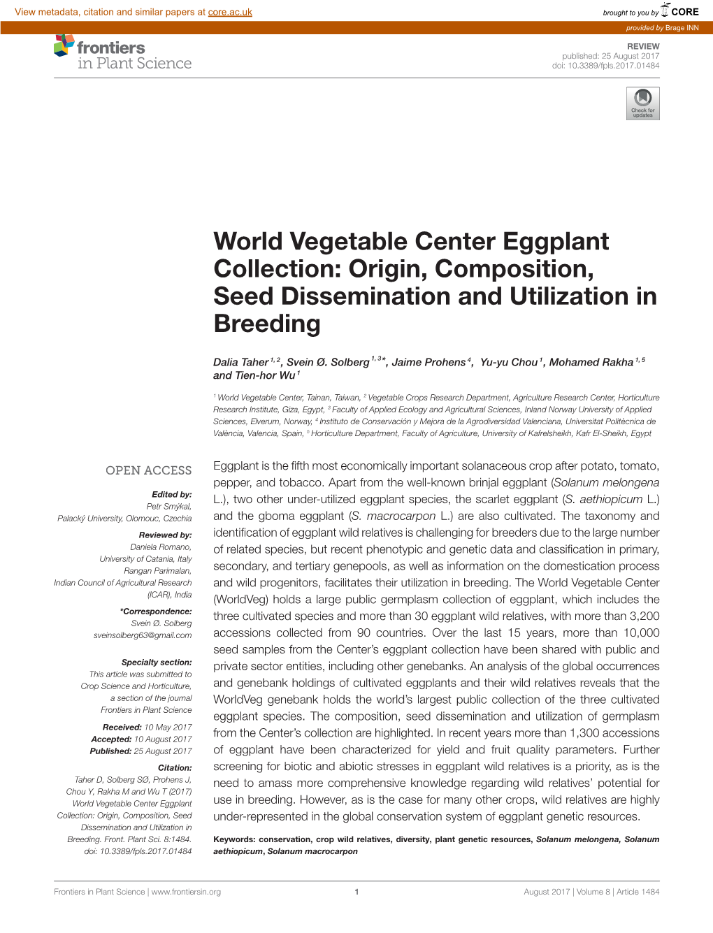 World Vegetable Center Eggplant Collection: Origin, Composition, Seed Dissemination and Utilization in Breeding