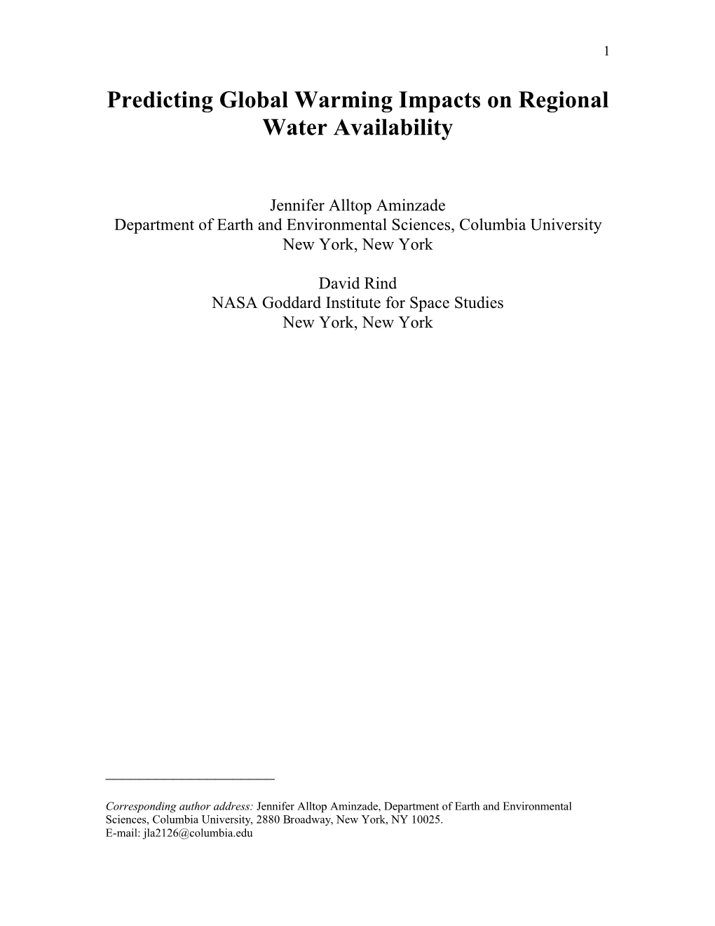 Predicting Global Warming Impacts on Regional Water Availability