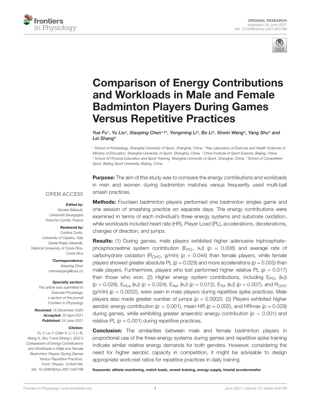 Comparison of Energy Contributions and Workloads in Male and Female Badminton Players During Games Versus Repetitive Practices