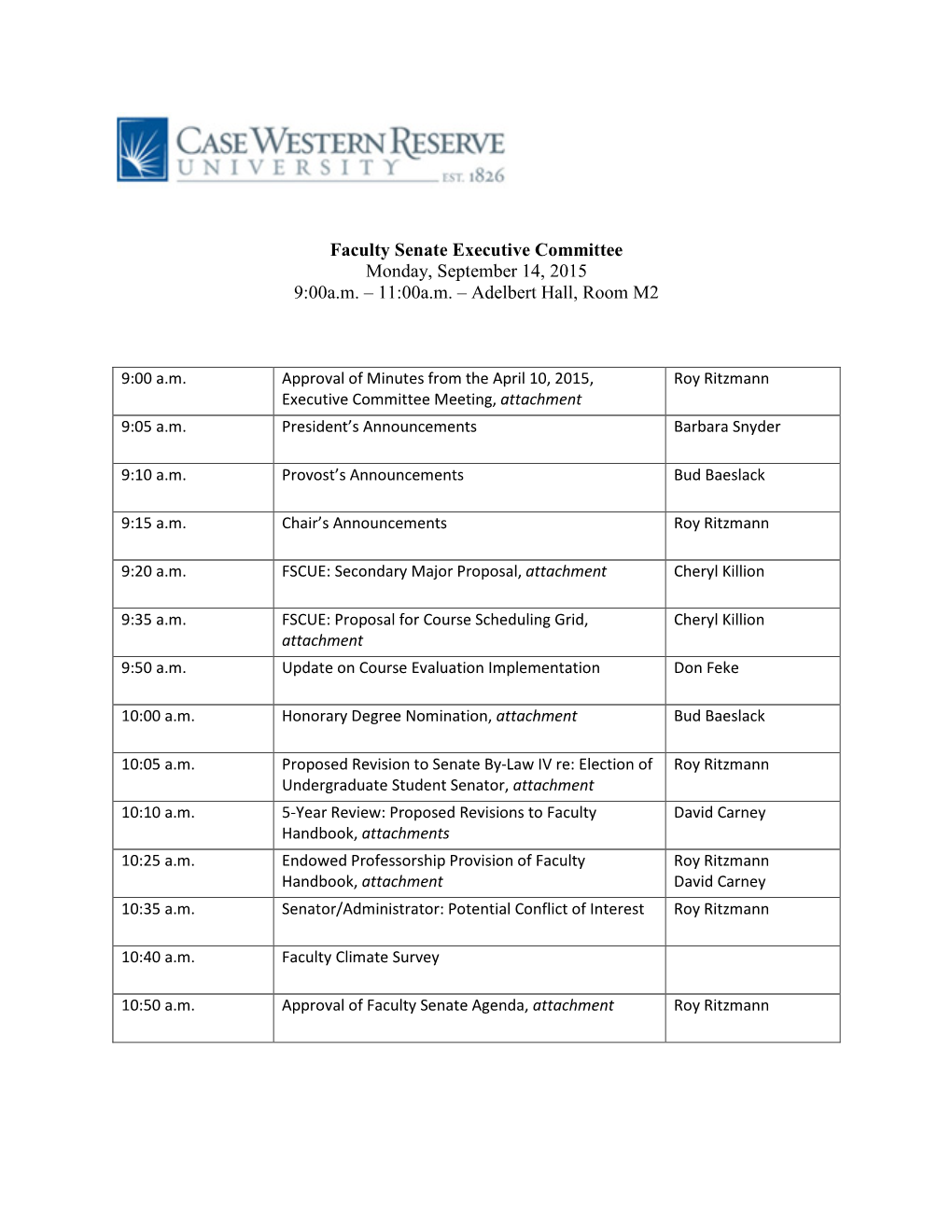 Faculty Senate Executive Committee Monday, September 14, 2015 9:00A.M