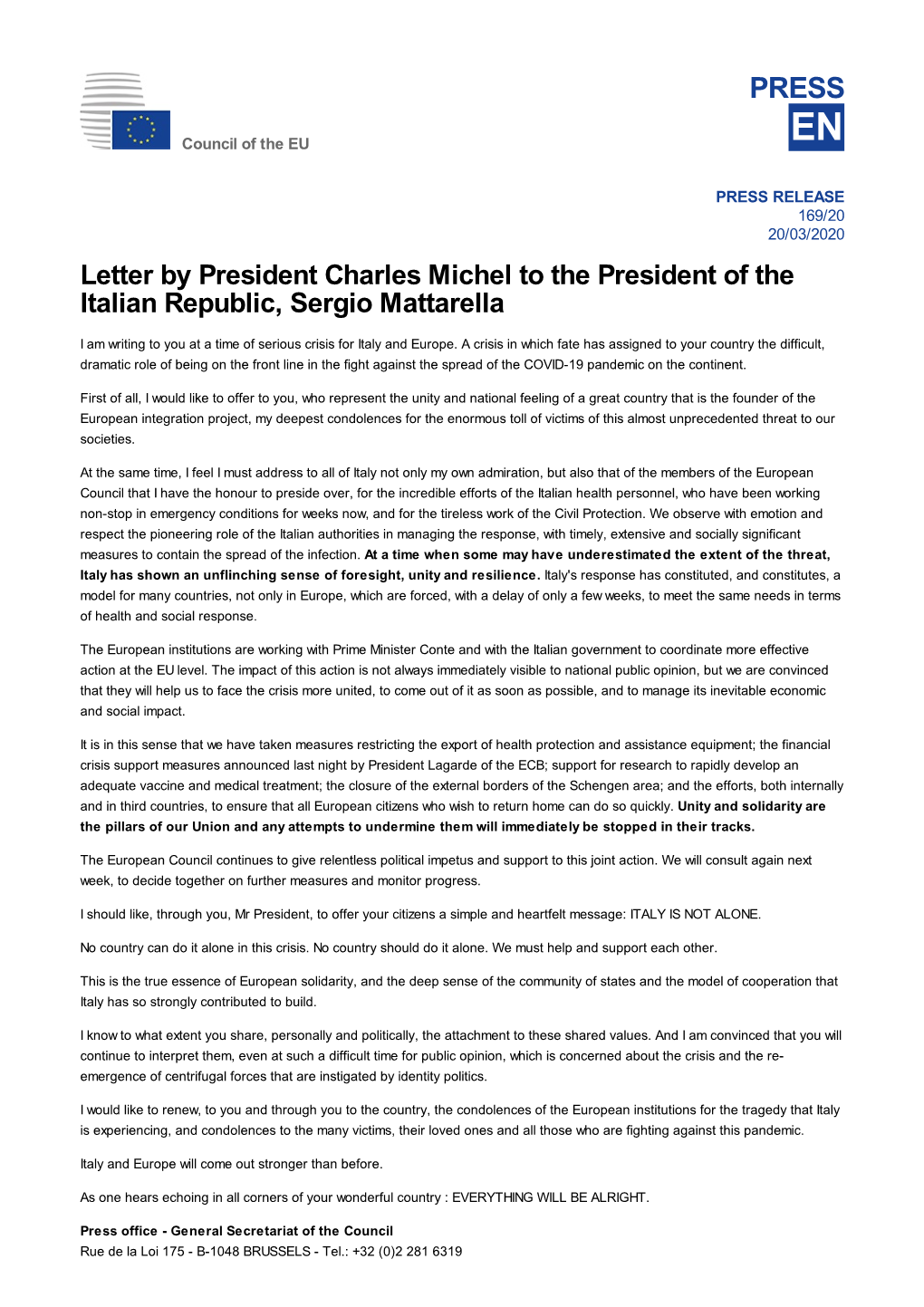 Letter by President Charles Michel to the President of the Italian Republic, Sergio Mattarella