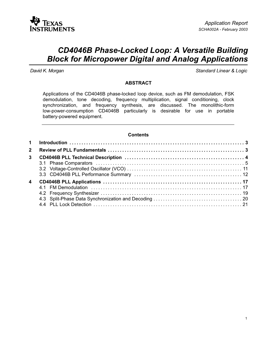 CD4046B Phase-Locked Loop: a Versatile Building Block for Micropower Digital and Analog Applications