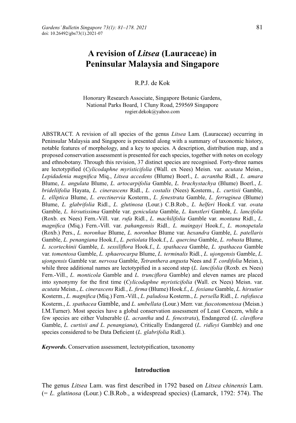 A Revision of Litsea (Lauraceae) in Peninsular Malaysia and Singapore