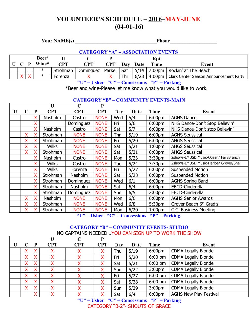 Volunteer S Schedule 2016 May-June