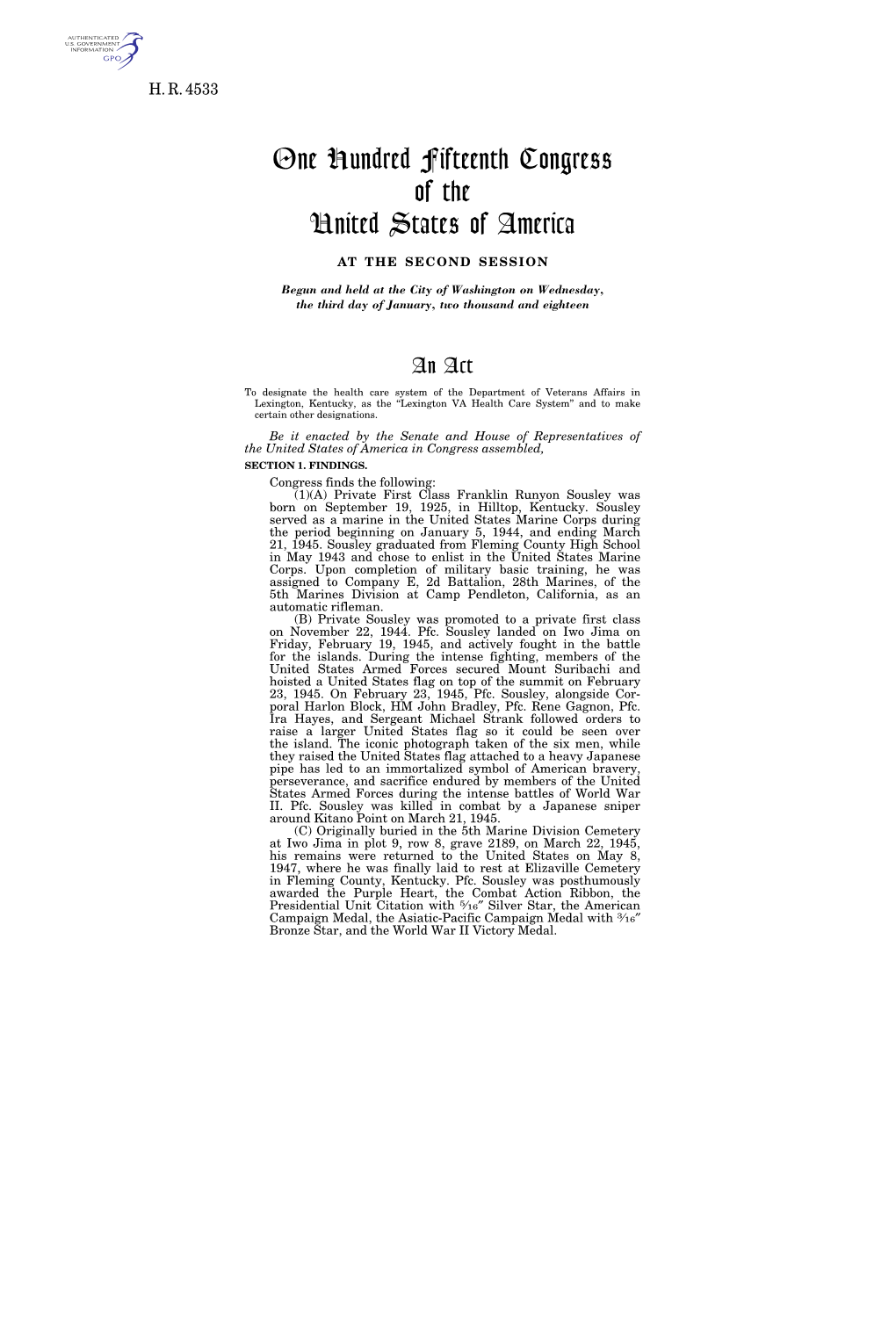 One Hundred Fifteenth Congress of the United States of America