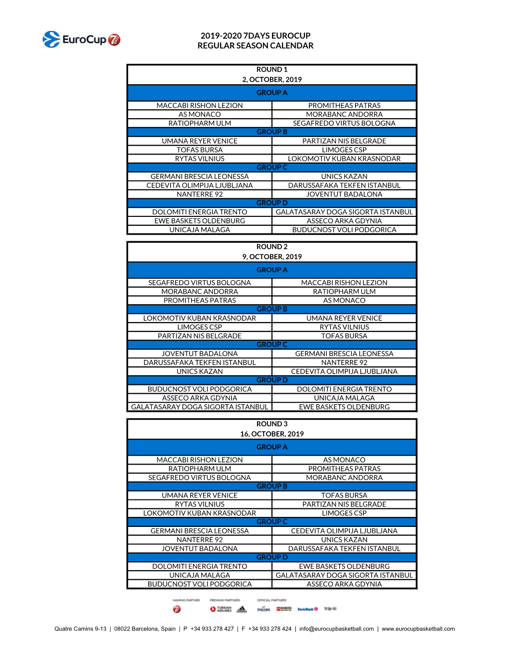 2019-2020 7Days Eurocup Regular Season Calendar