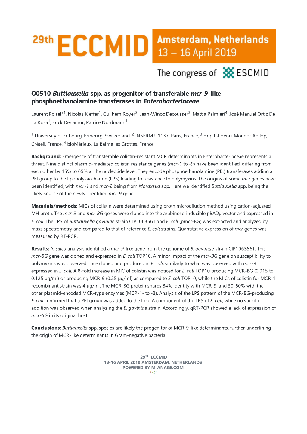 O0510 Buttiauxella Spp. As Progenitor of Transferable Mcr-9-Like Phosphoethanolamine Transferases in Enterobacteriaceae