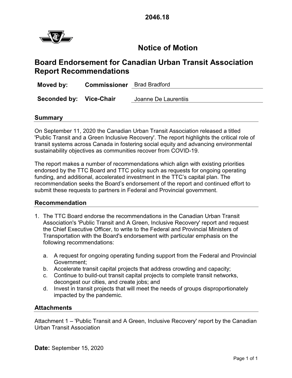 Notice of Motion Board Endorsement for Canadian Urban Transit Association Report Recommendations