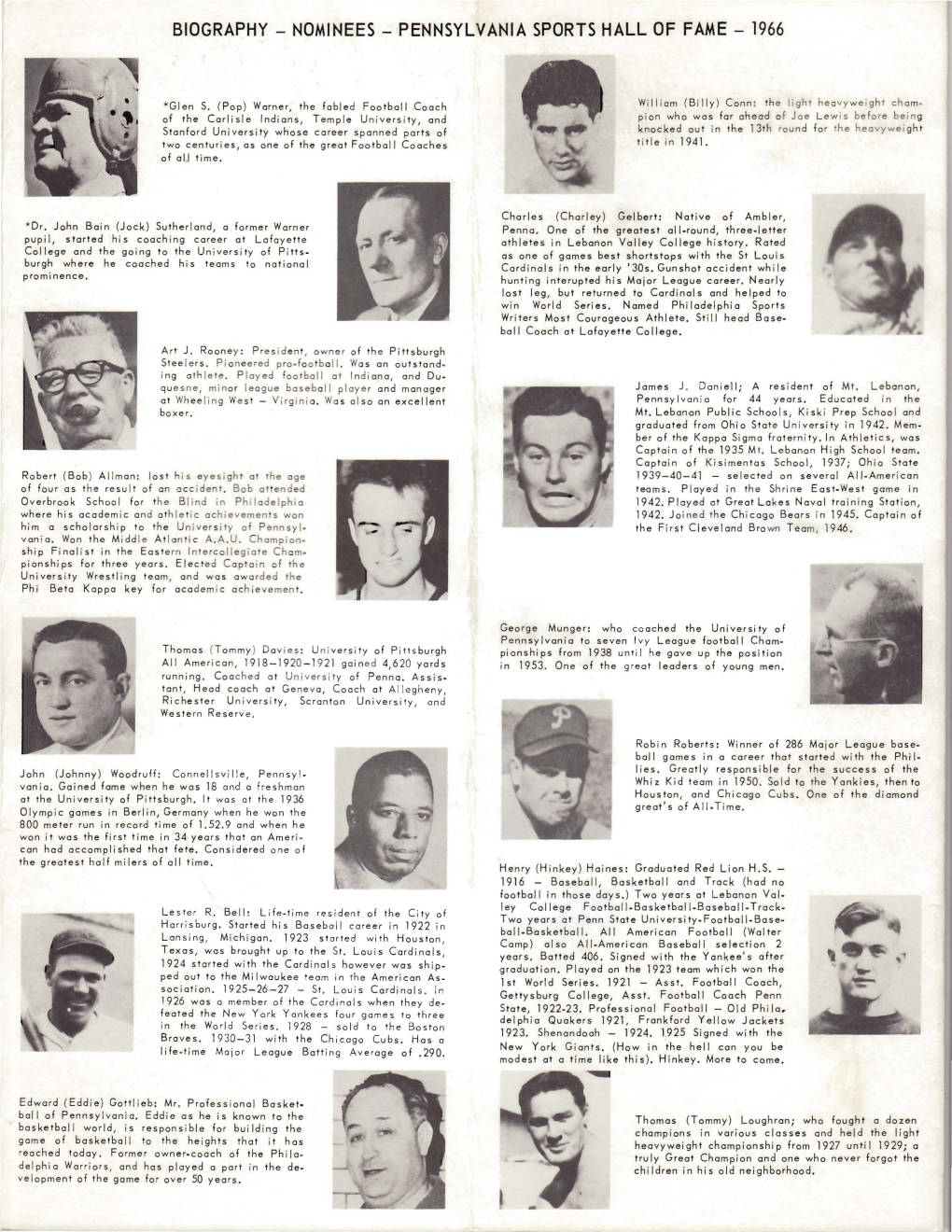 Biography - Nominees - Pennsylvania Sports Hall of Fame - 1966