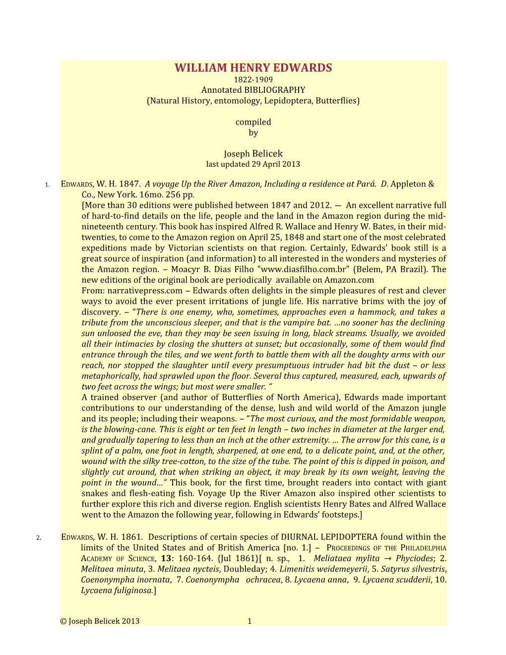 WILLIAM HENRY EDWARDS 1822-1909 Annotated BIBLIOGRAPHY (Natural History, Entomology, Lepidoptera, Butterflies)