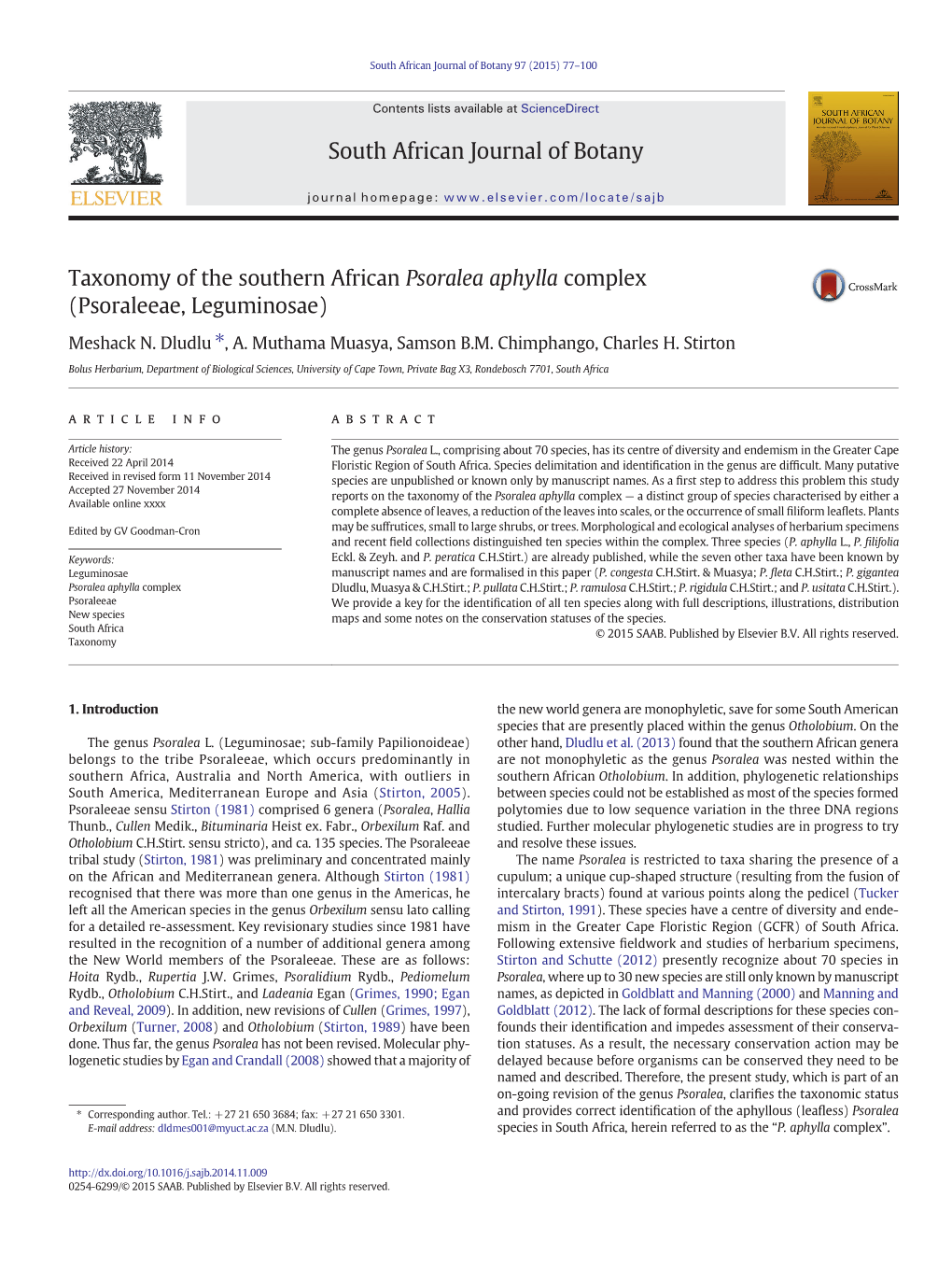 Taxonomy of the Southern African Psoralea Aphylla Complex (Psoraleeae, Leguminosae)