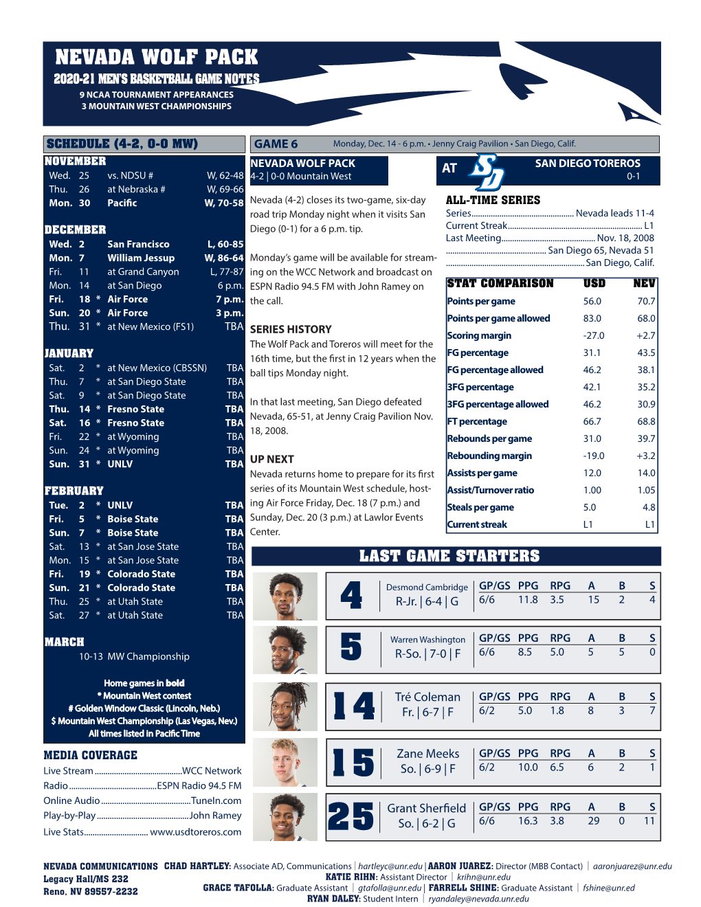 Nevada Wolf Pack 2020-21 Men’S Basketball Game Notes 9 Ncaa Tournament Appearances 3 Mountain West Championships