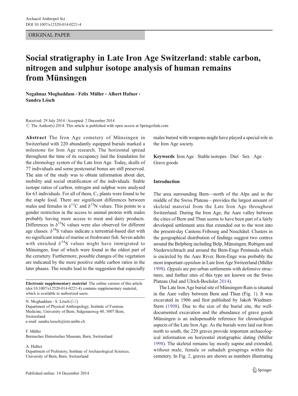 Social Stratigraphy in Late Iron Age Switzerland: Stable Carbon, Nitrogen and Sulphur Isotope Analysis of Human Remains from Münsingen