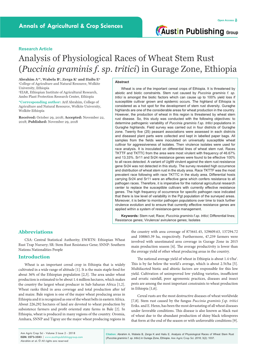 Analysis of Physiological Races of Wheat Stem Rust (Puccinia Graminis F