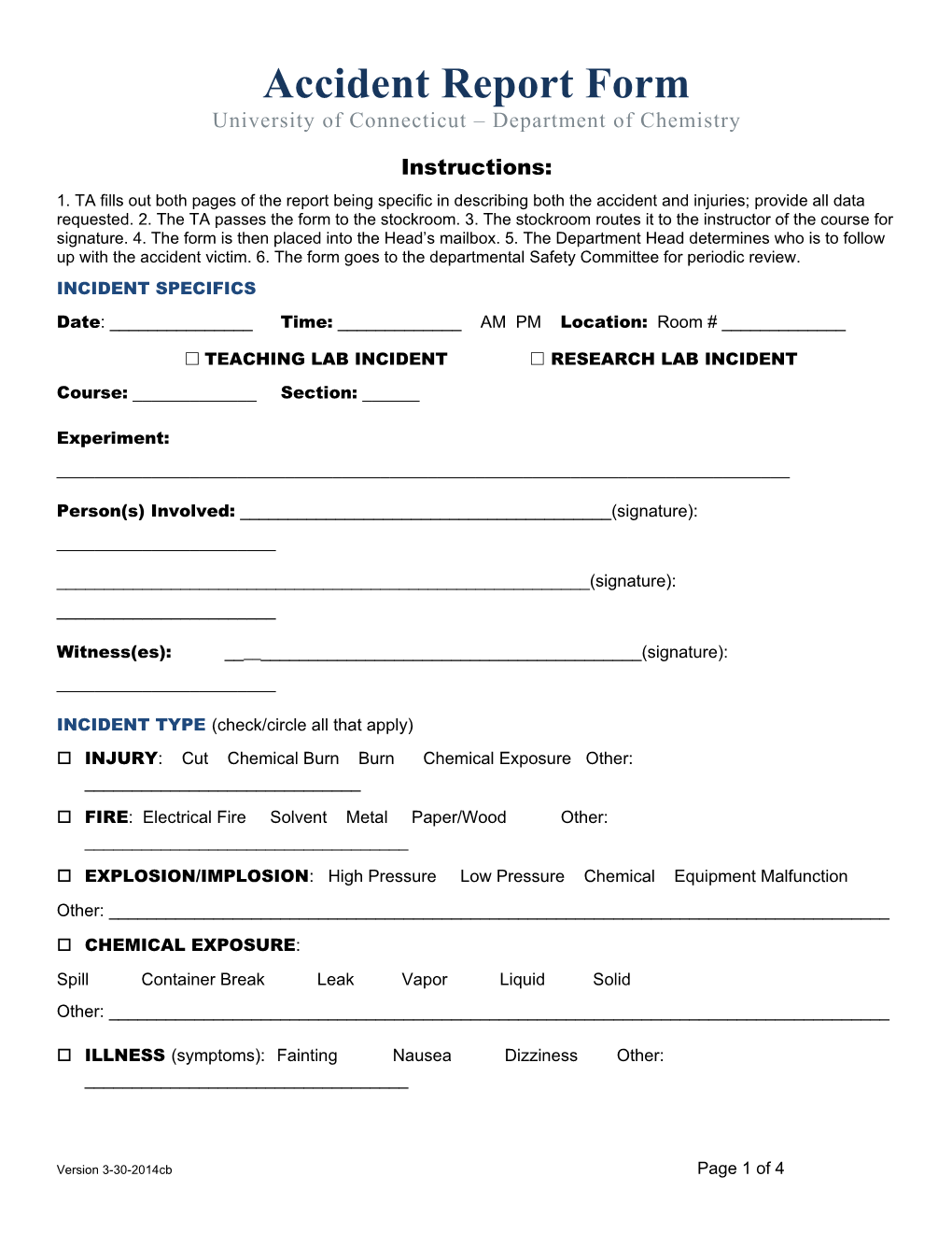 Chemical Engineering Department Incident Report Form