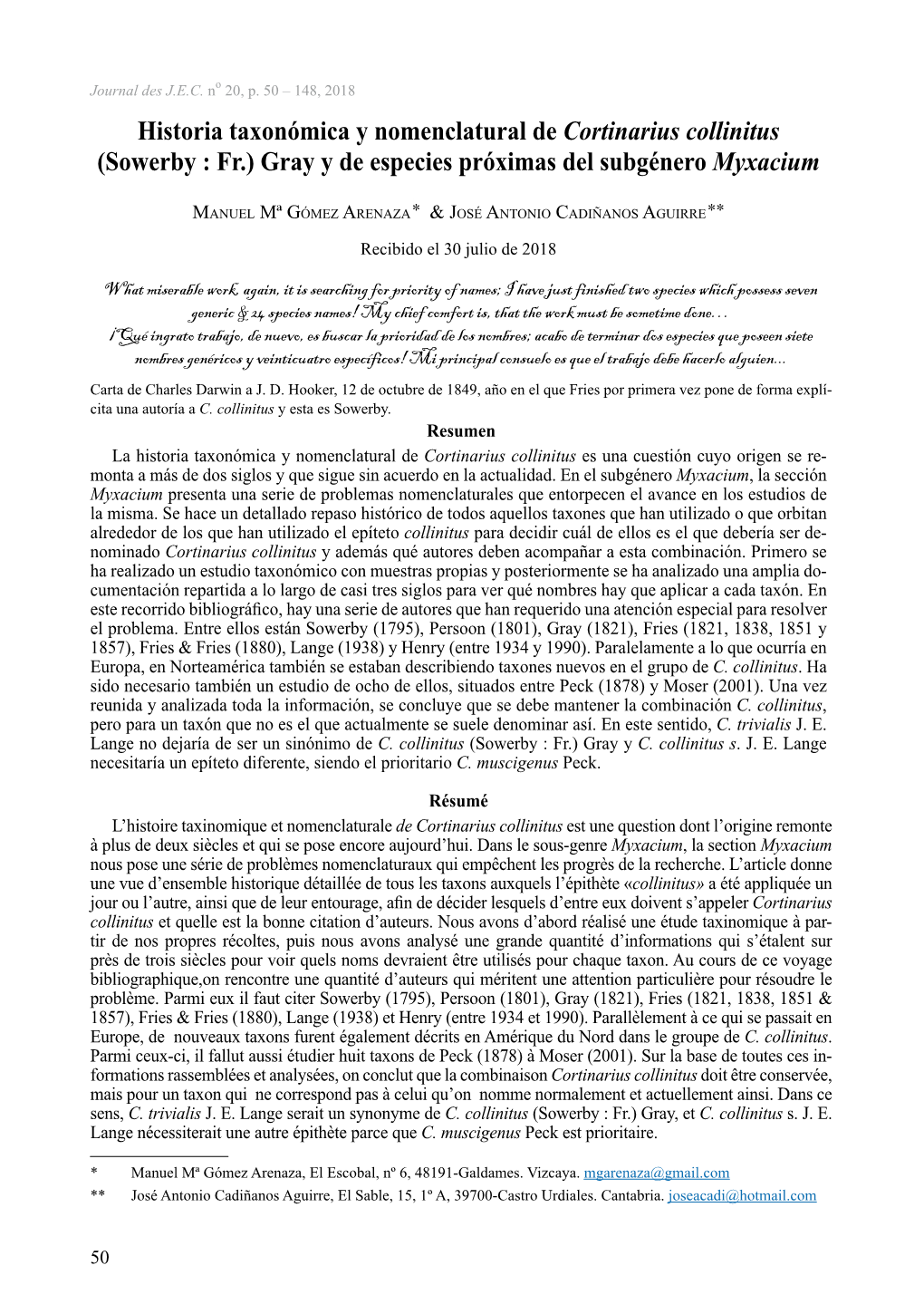 Historia Taxonómica Y Nomenclatural De Cortinarius Collinitus (Sowerby : Fr.) Gray Y De Especies Próximas Del Subgénero Myxacium