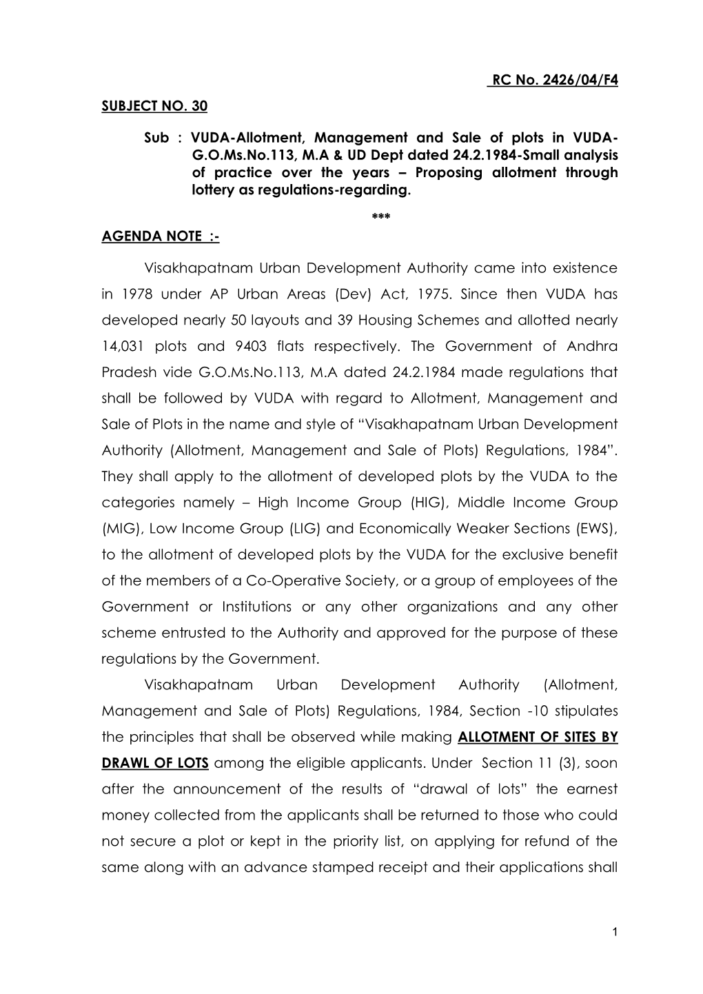 VUDA-Allotment, Management and Sale of Plots in VUDA