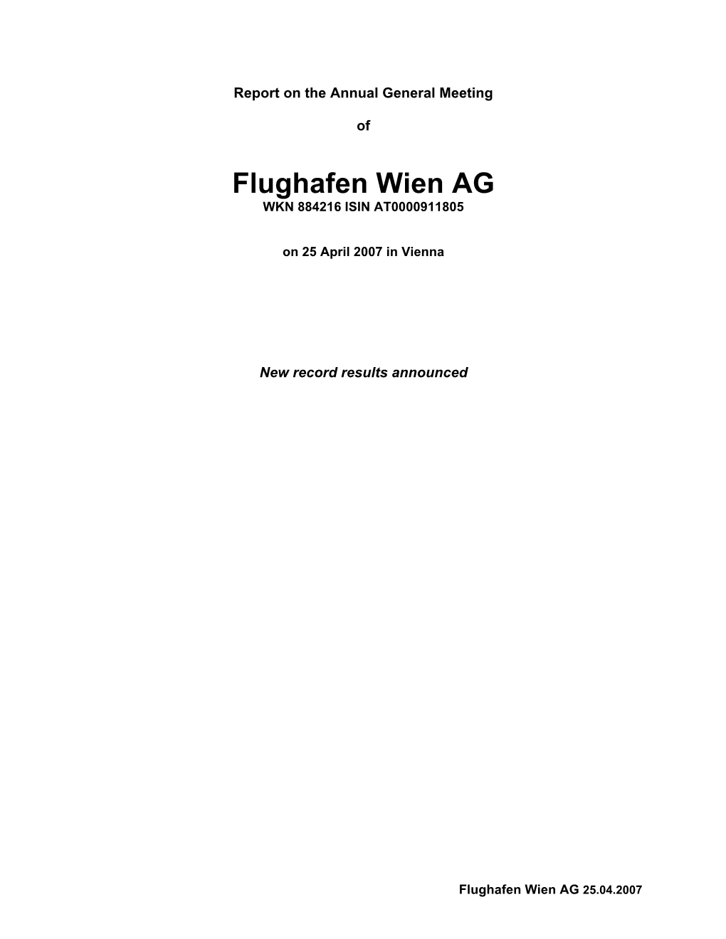 Flughafen Wien AG WKN 884216 ISIN AT0000911805