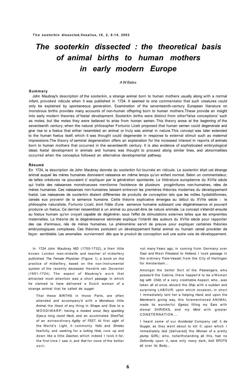 The Sooterkin Dissected : the Theoretical Basis of Animal Births to Human Mothers in Early Modern Europe