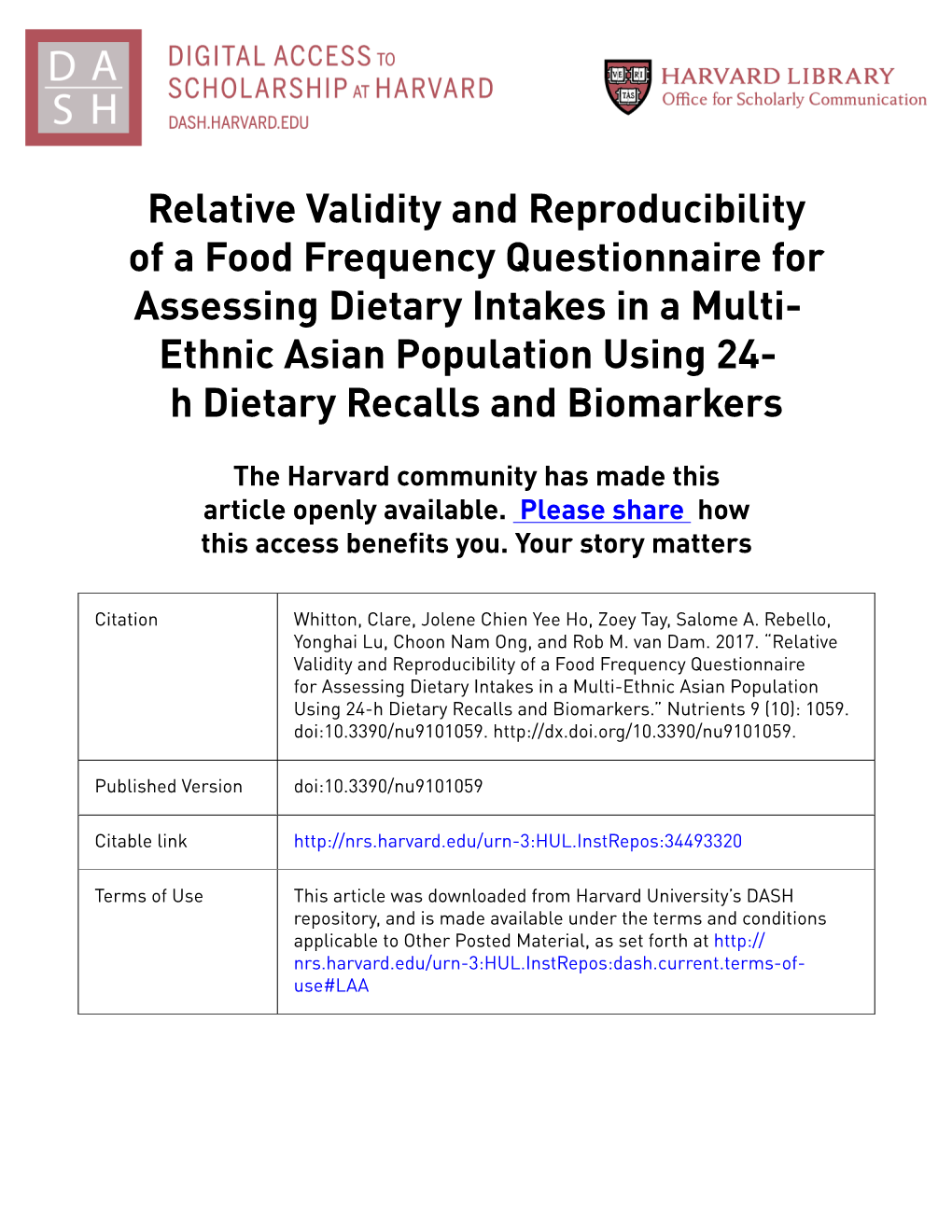 Relative Validity and Reproducibility of a Food