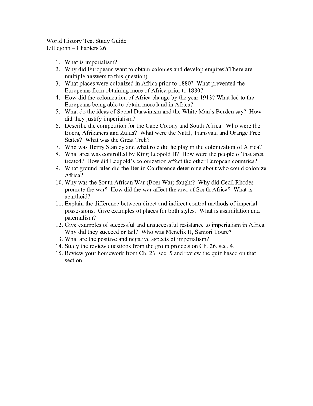 World History Test Study Guide