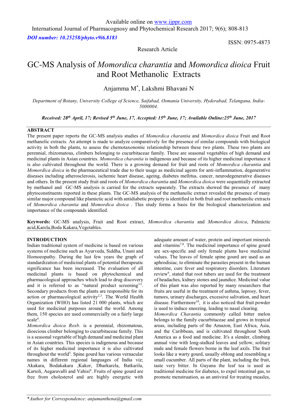 GC-MS Analysis of Momordica Charantia and Momordica Dioica Fruit and Root Methanolic Extracts