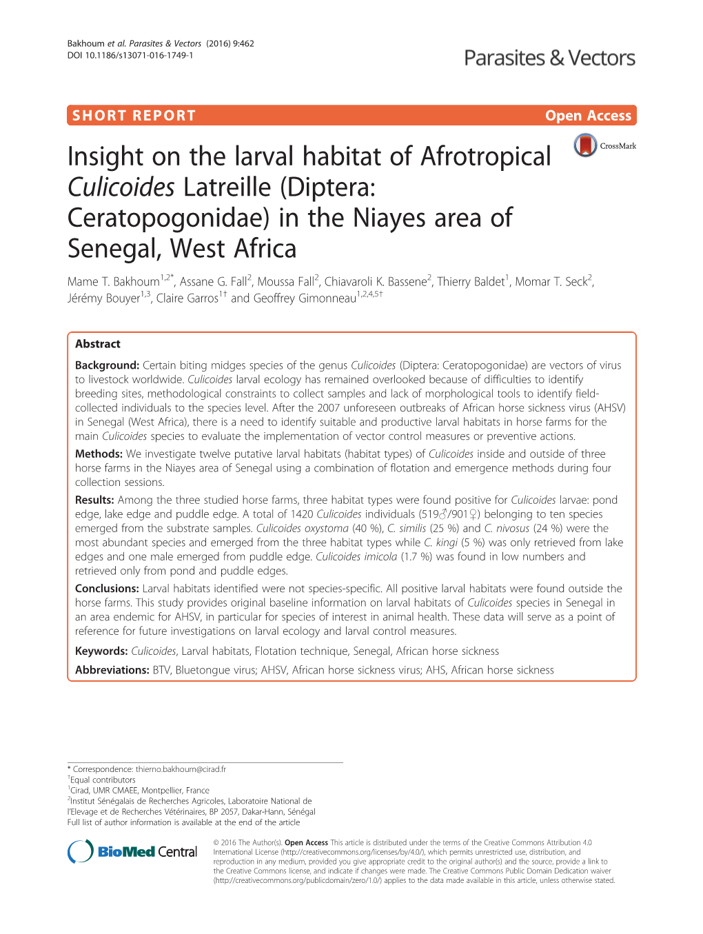 Insight on the Larval Habitat of Afrotropical Culicoides Latreille (Diptera: Ceratopogonidae) in the Niayes Area of Senegal, West Africa Mame T