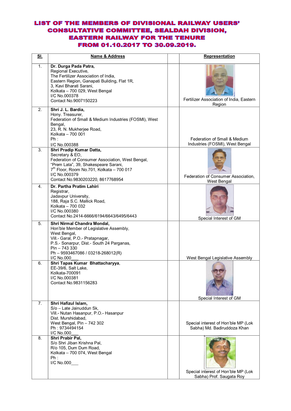 Sl. Name & Address Representation 1. Dr. Durga Pada Patra, Regional