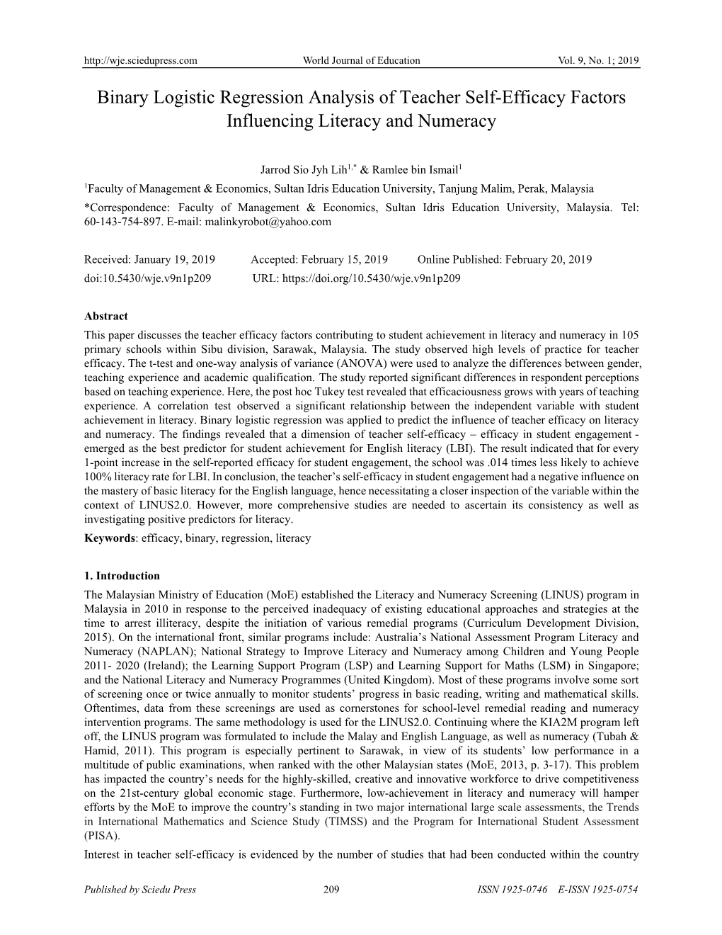 Binary Logistic Regression Analysis of Teacher Self-Efficacy Factors Influencing Literacy and Numeracy