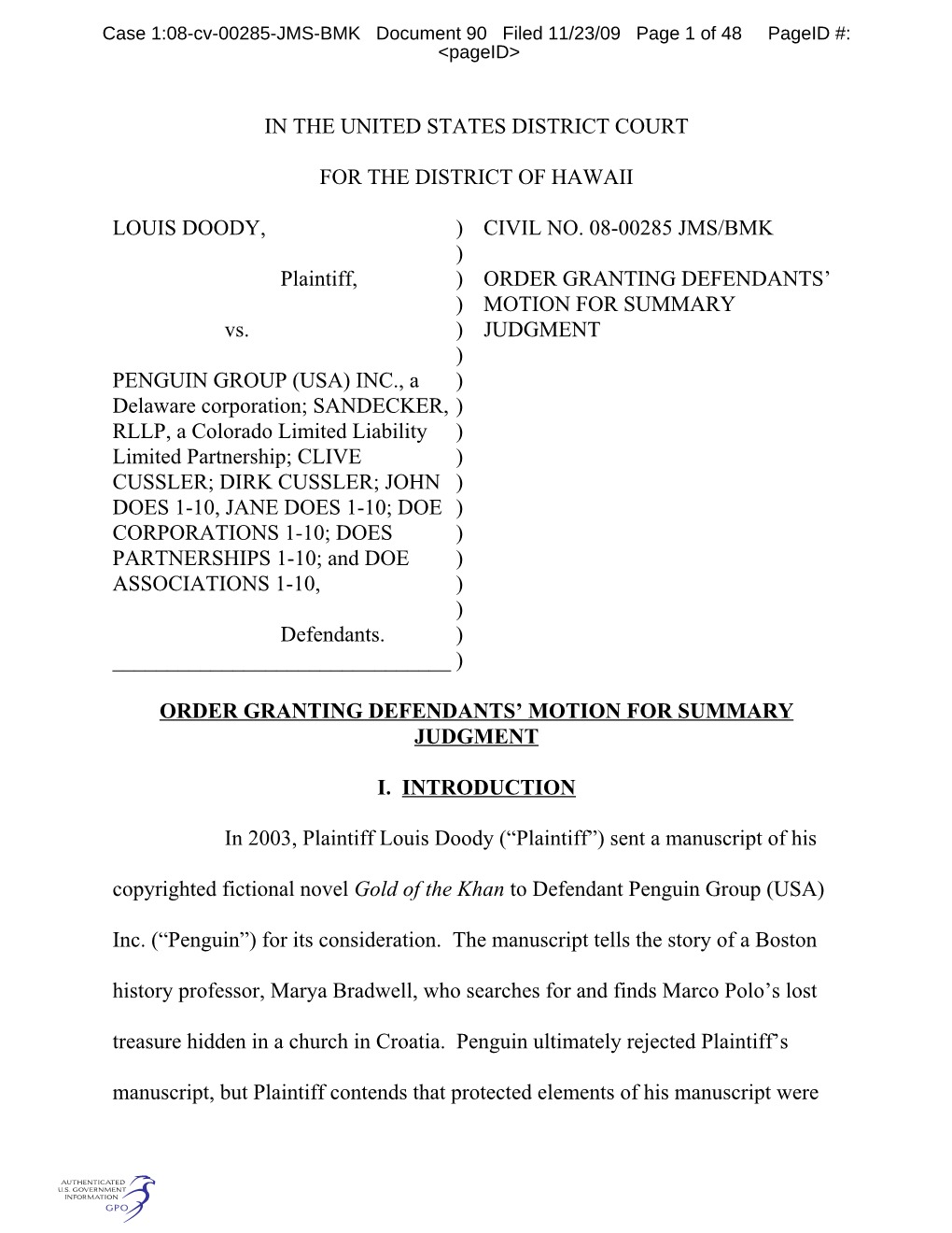 Case 1:08-Cv-00285-JMS-BMK Document 90 Filed 11/23/09 Page