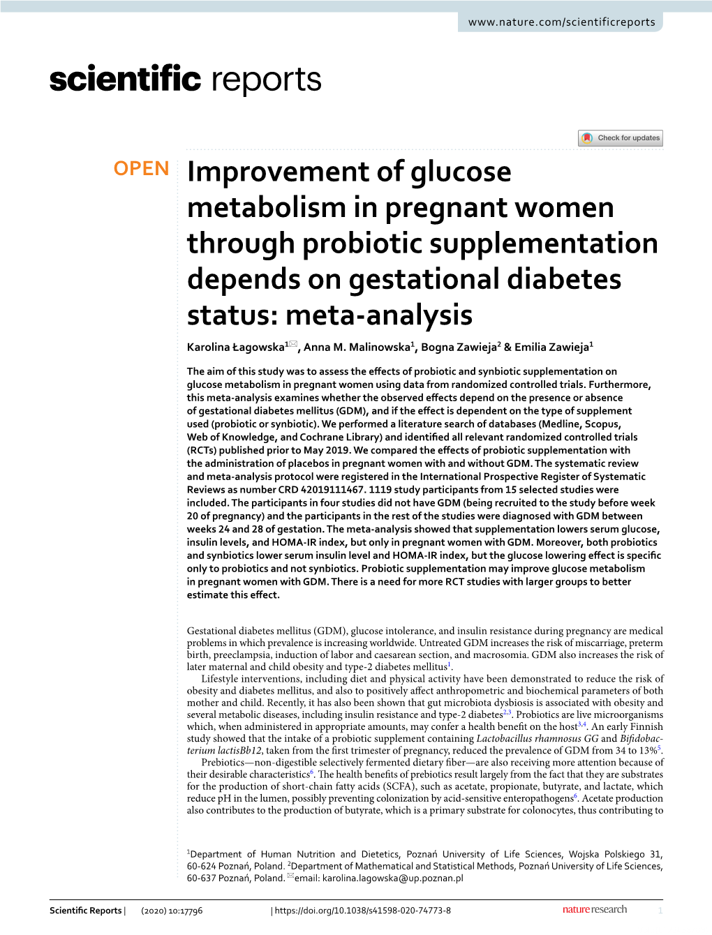 Improvement of Glucose Metabolism in Pregnant Women Through