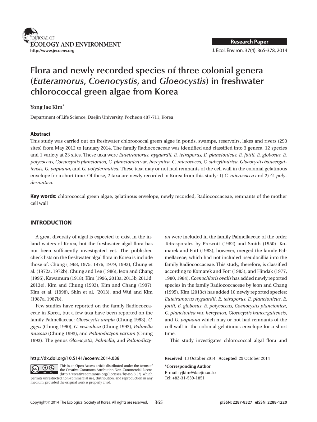 (Euteramorus, Coenocystis, and Gloeocystis) in Freshwater Chlorococcal Green Algae from Korea