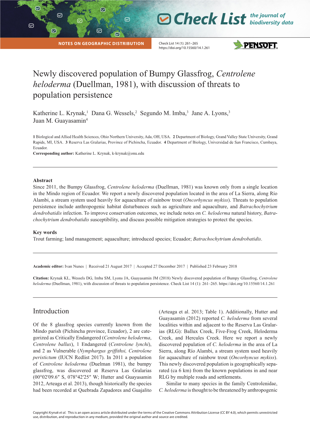 Newly Discovered Population of Bumpy Glassfrog, Centrolene Heloderma (Duellman, 1981), with Discussion of Threats to Population Persistence