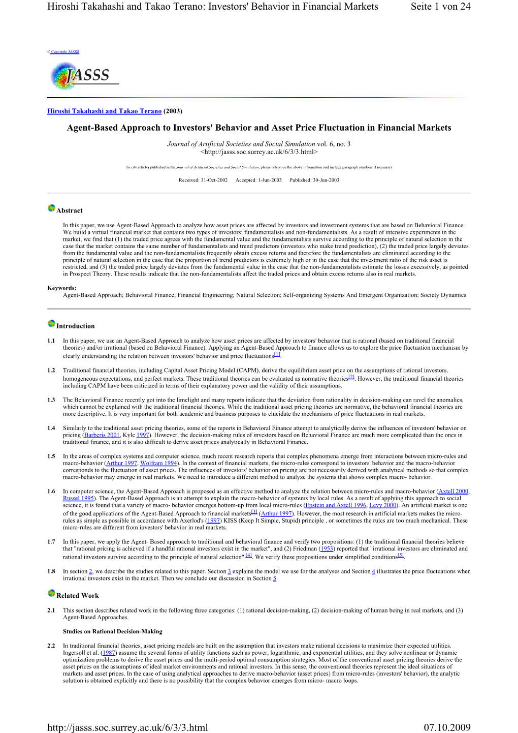 Seite 1 Von 24 Hiroshi Takahashi and Takao Terano: Investors' Behavior in Financial Markets 07.10.2009