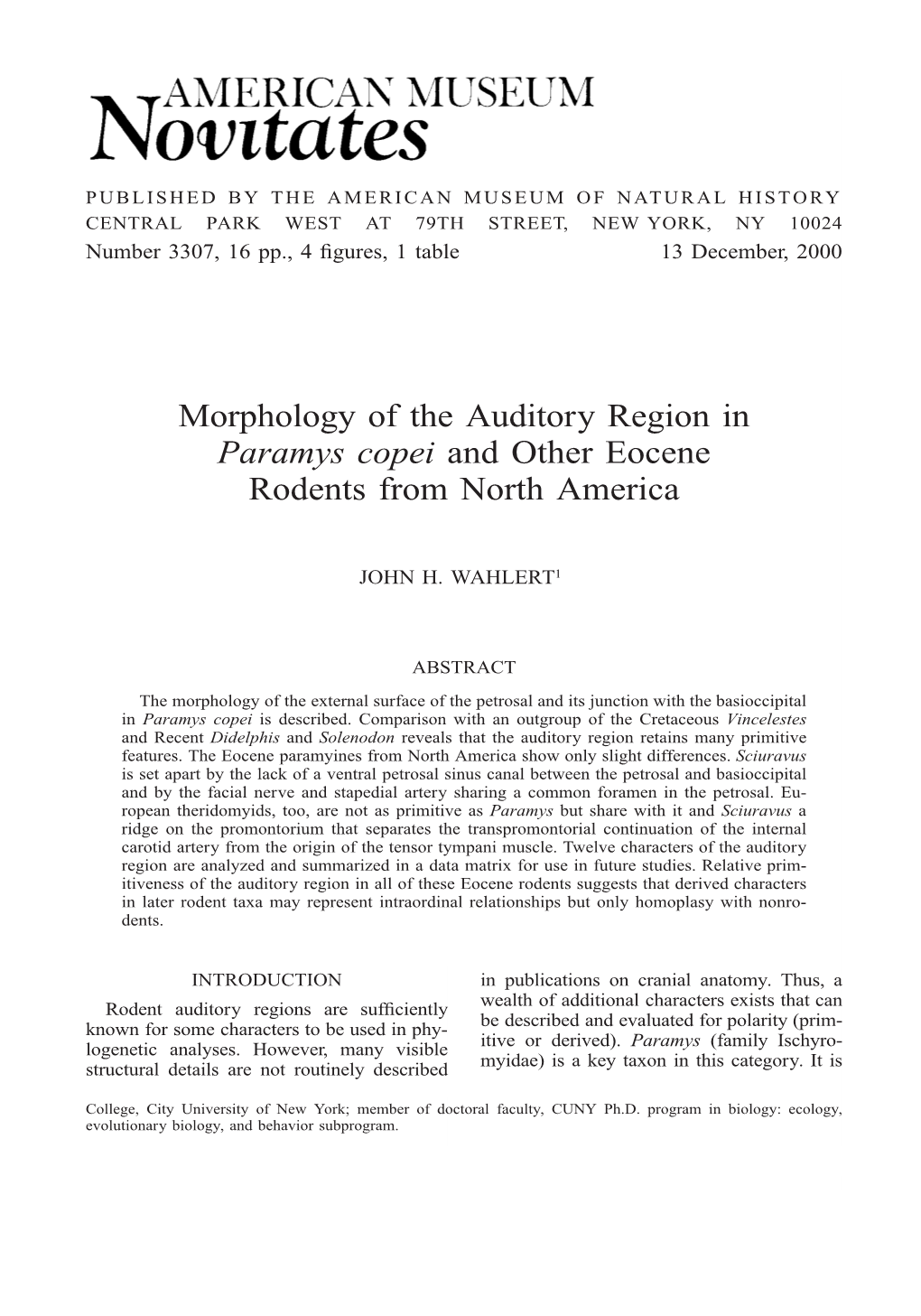 Morphology of the Auditory Region in Paramys Copei and Other Eocene Rodents from North America