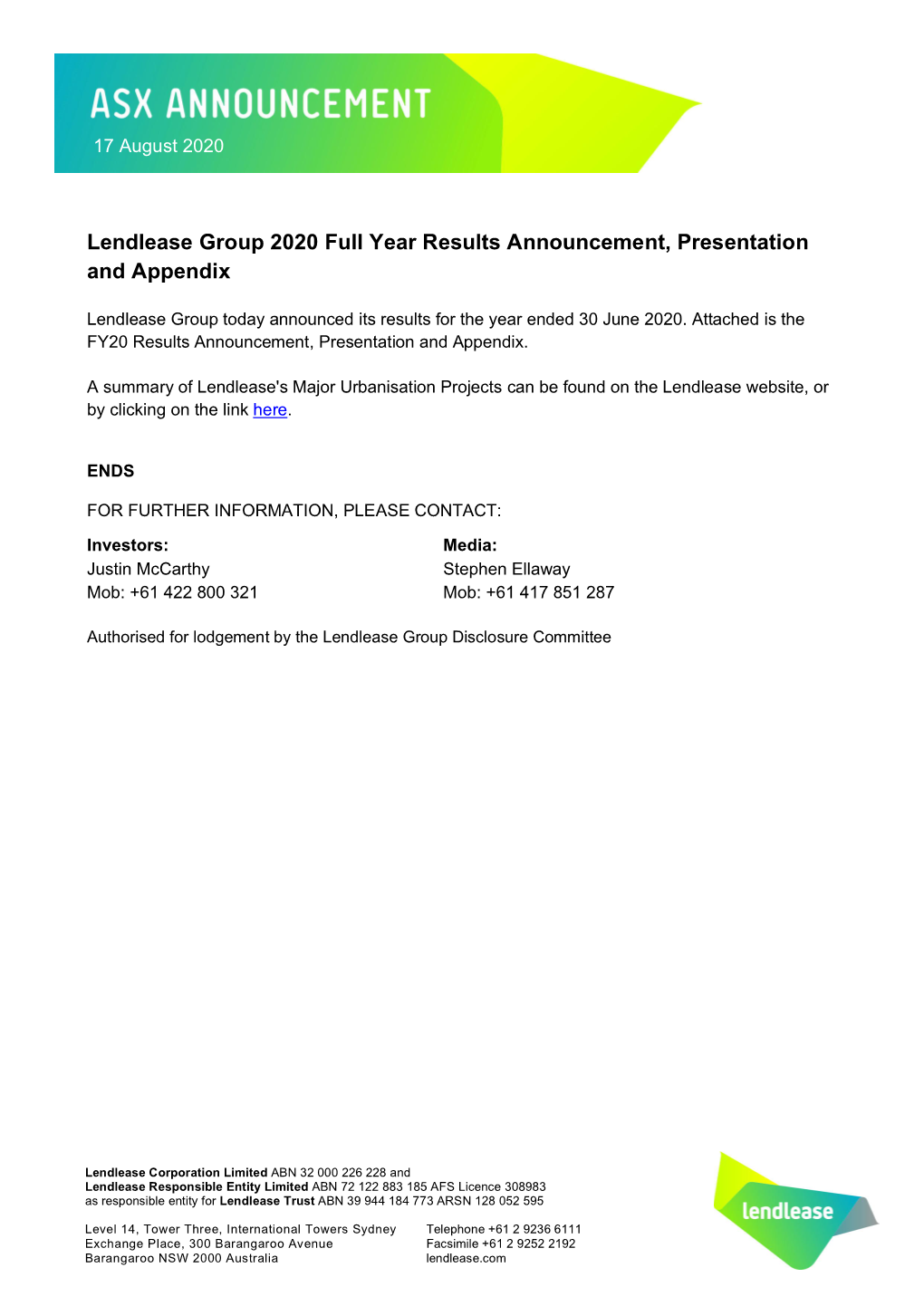 Lendlease Group 2020 Full Year Results Announcement, Presentation and Appendix