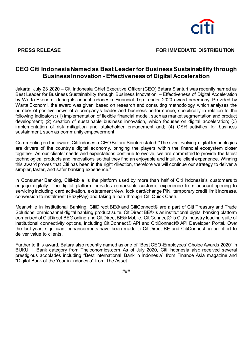 CEO Citi Indonesia Named As Best Leader for Business Sustainability Through Business Innovation - Effectiveness of Digital Acceleration