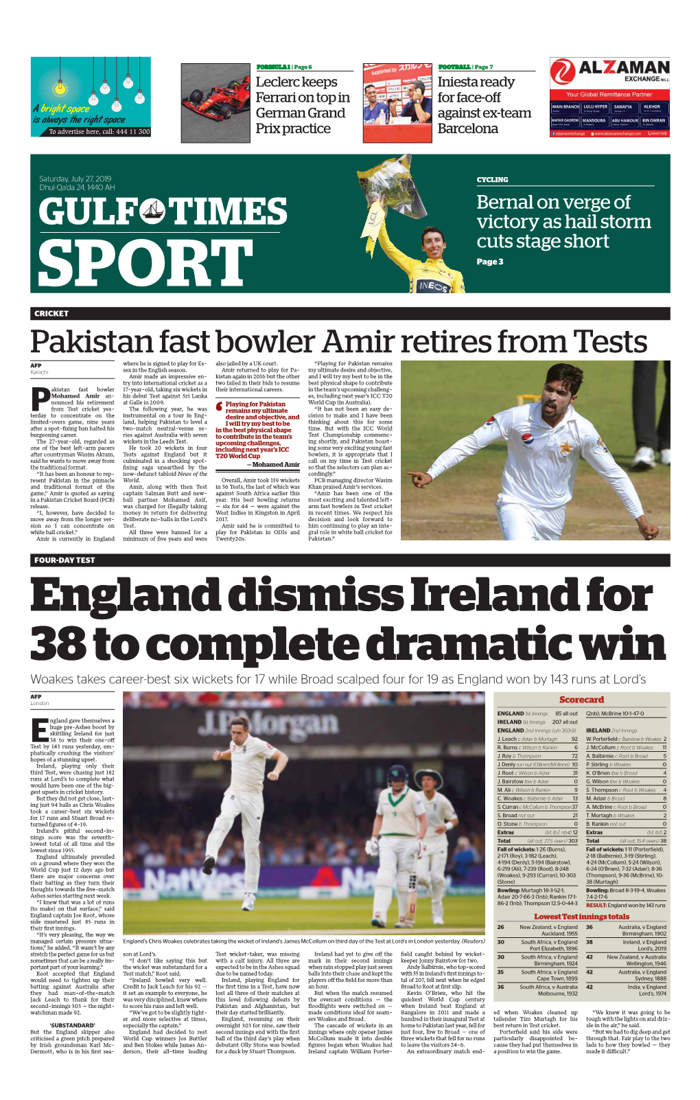 GULF TIMES Victory As Hail Storm Cuts Stage Short SPORT Page 3