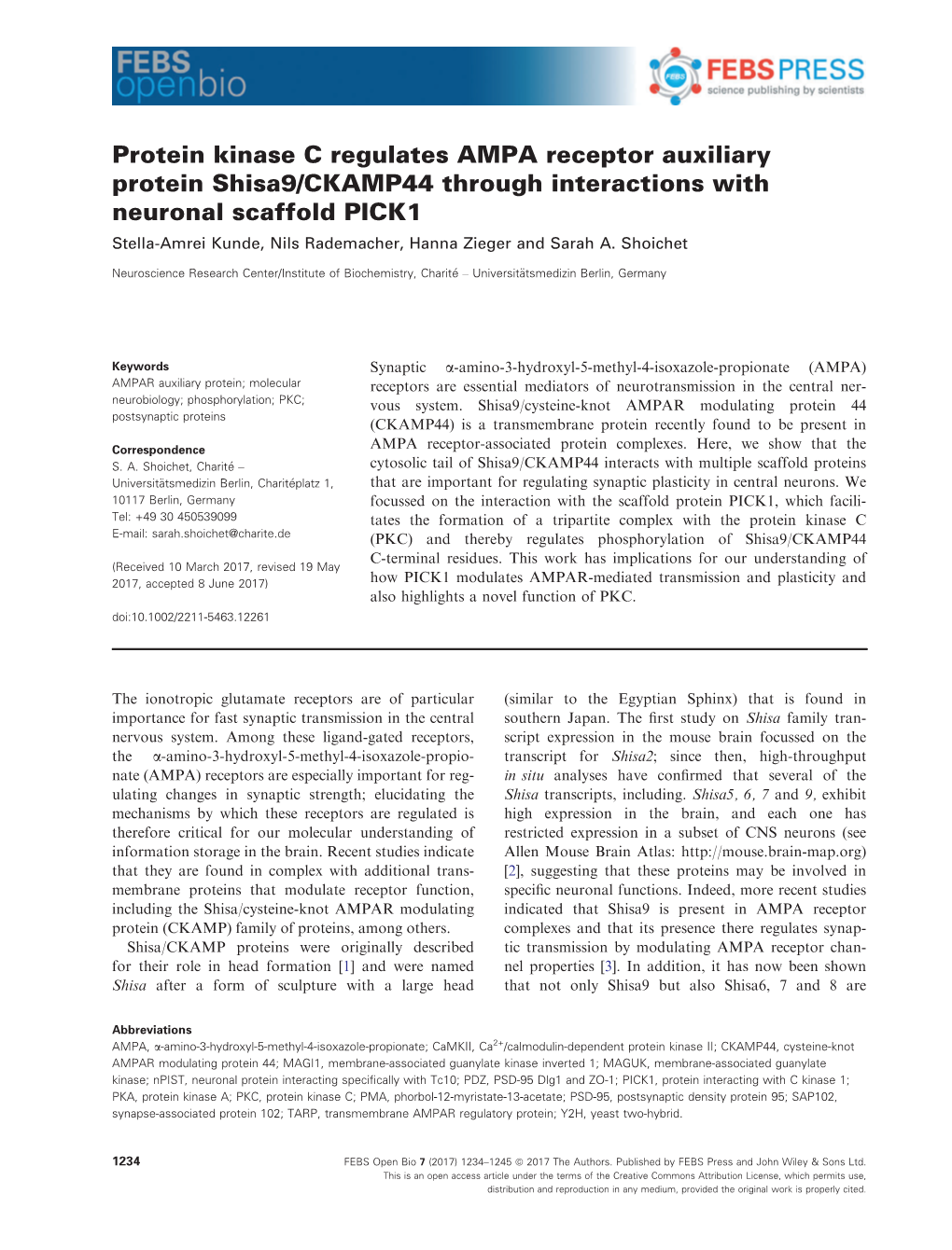 CKAMP44 Through Interactions with Neuronal Scaffold PICK1 Stella-Amrei Kunde, Nils Rademacher, Hanna Zieger and Sarah A
