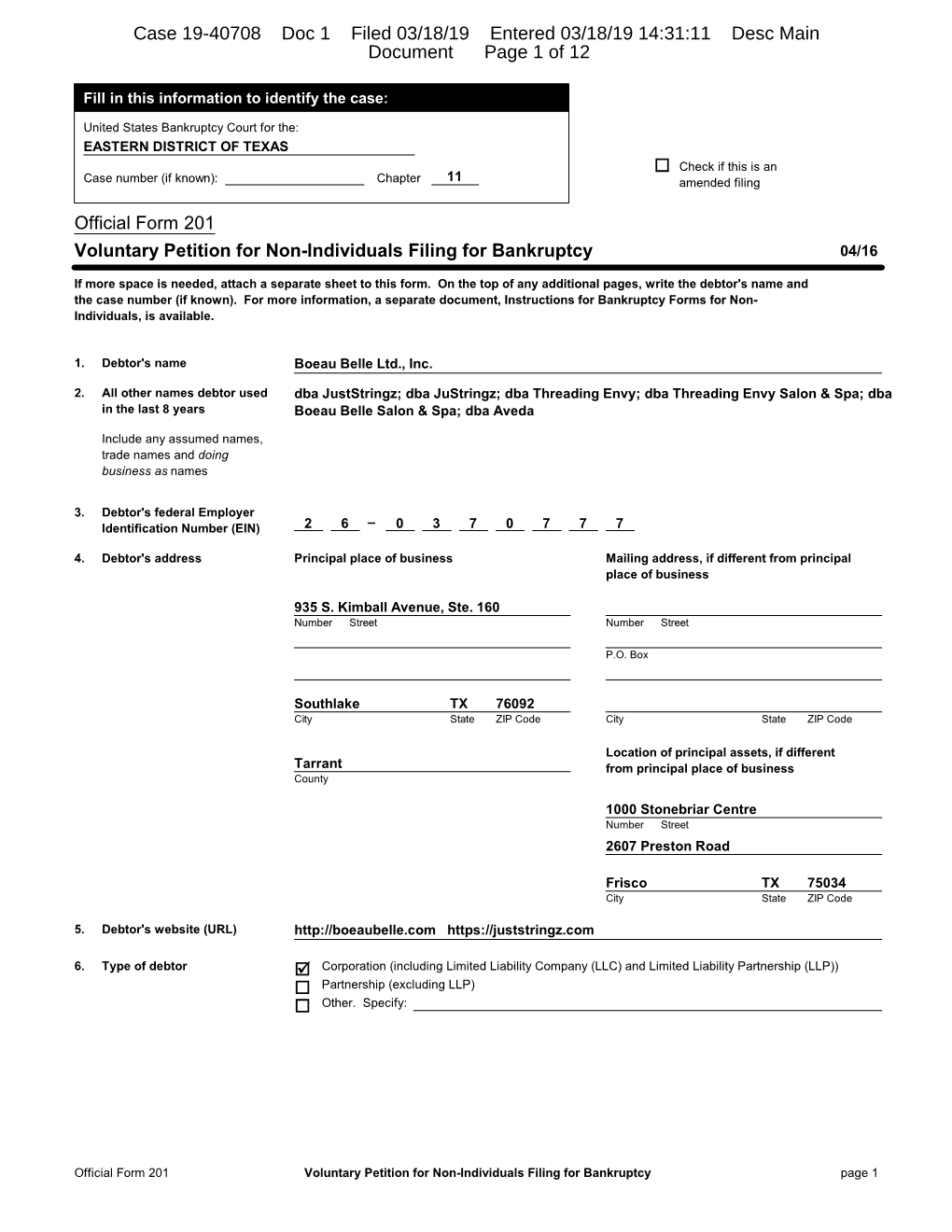 Case 19-40708 Doc 1 Filed 03/18/19 Entered 03/18/19 14:31:11 Desc Main Document Page 1 of 12