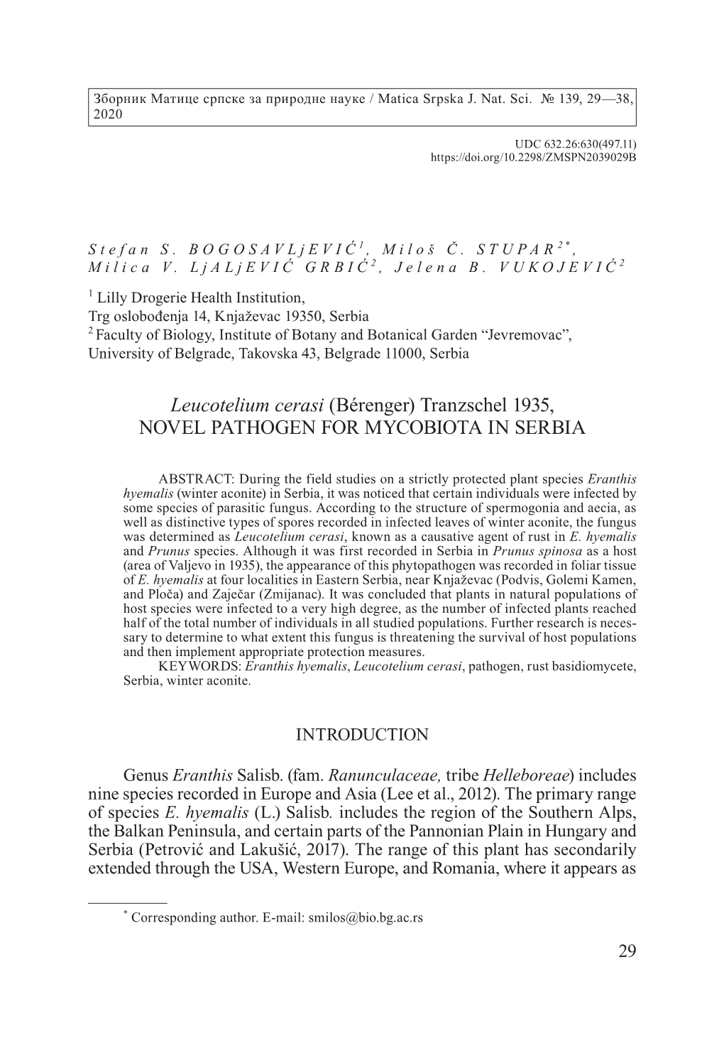 Leucotelium Cerasi (Bérenger) Tranzschel 1935, NOVEL PATHOGEN for MYCOBIOTA in SERBIA