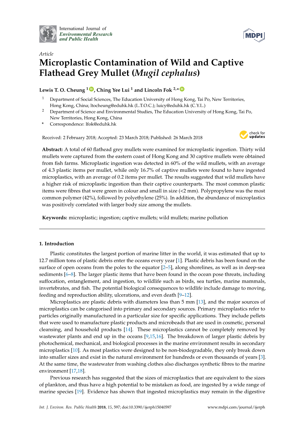 Microplastic Contamination of Wild and Captive Flathead Grey Mullet (Mugil Cephalus)