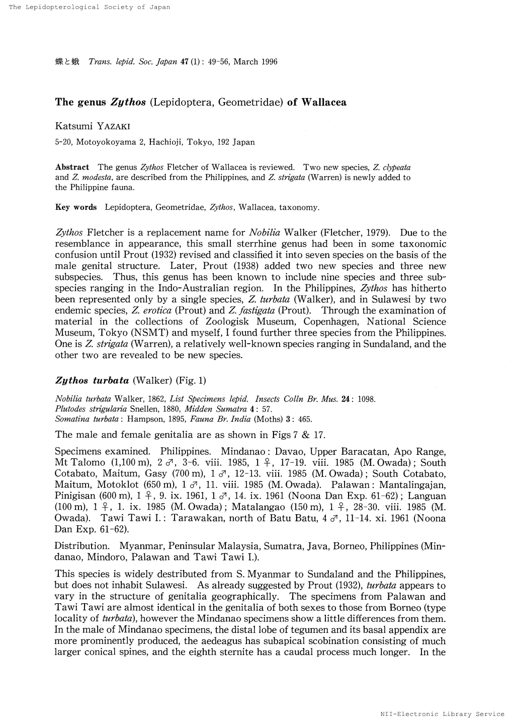 The Genus Zgthos (Lepidoptera, (Fletcher, (1938)Added Z Turbata (Walker),And (Prout)And (Walker)(Fig. (1,100M),2 8T, 3-6.Viii