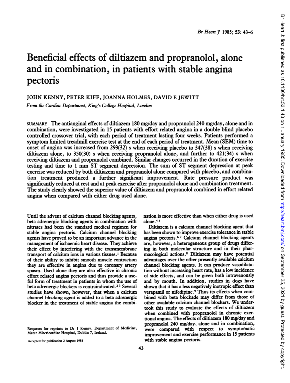 Beneficial Effects of Diltiazem and Propranolol, Alone and in Combination, in Patients with Stable Angina Pectoris