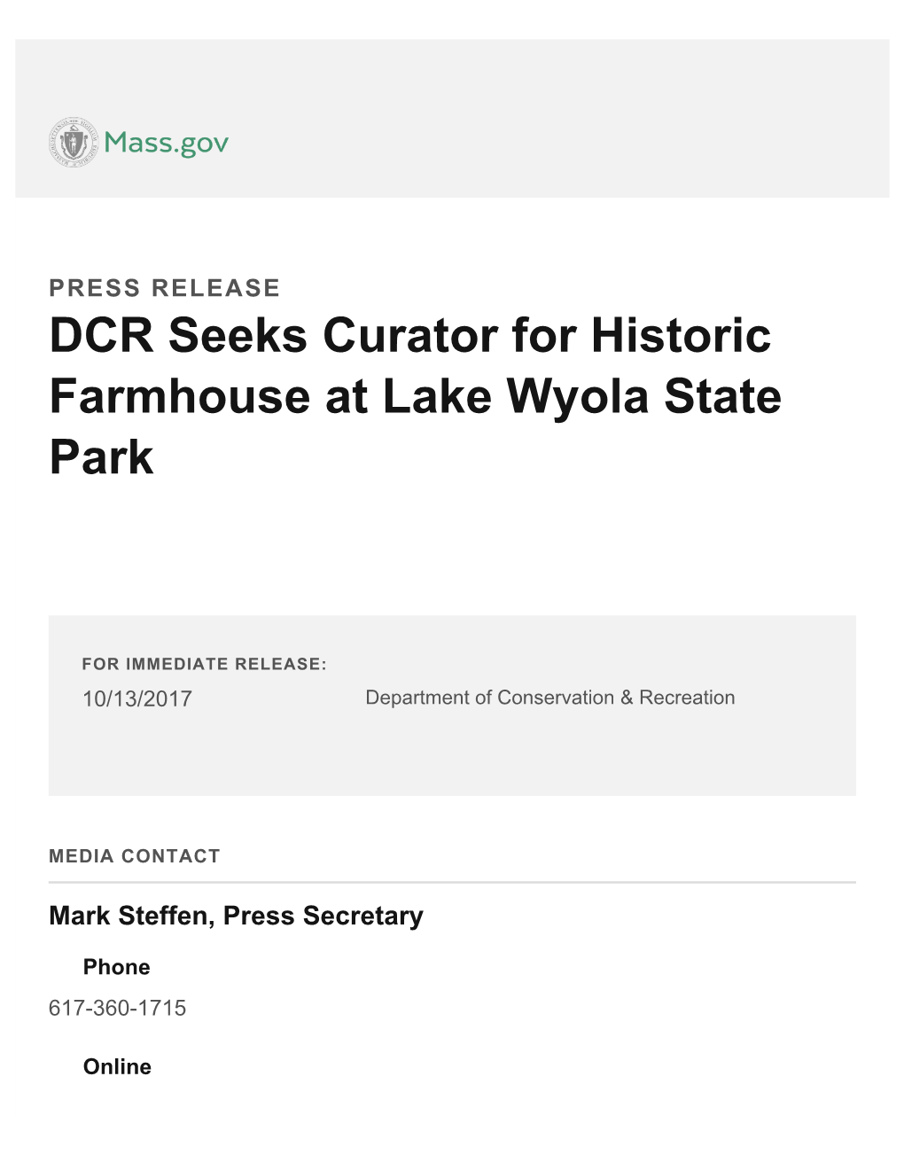 DCR Seeks Curator for Historic Farmhouse at Lake Wyola State Park