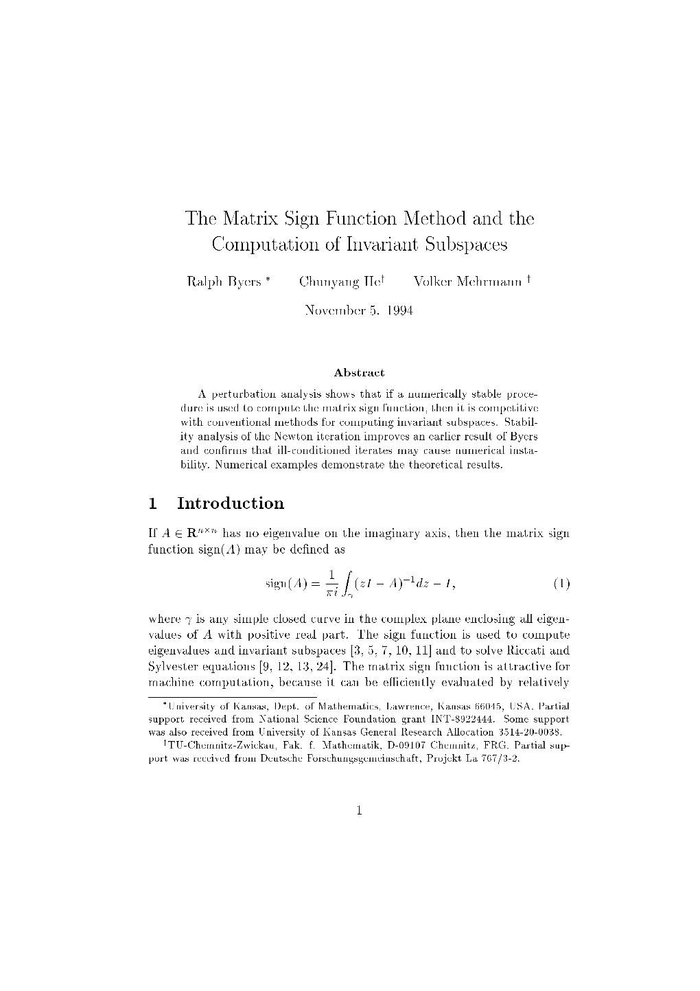 The Matrix Sign Function Method and the Computation of Invariant