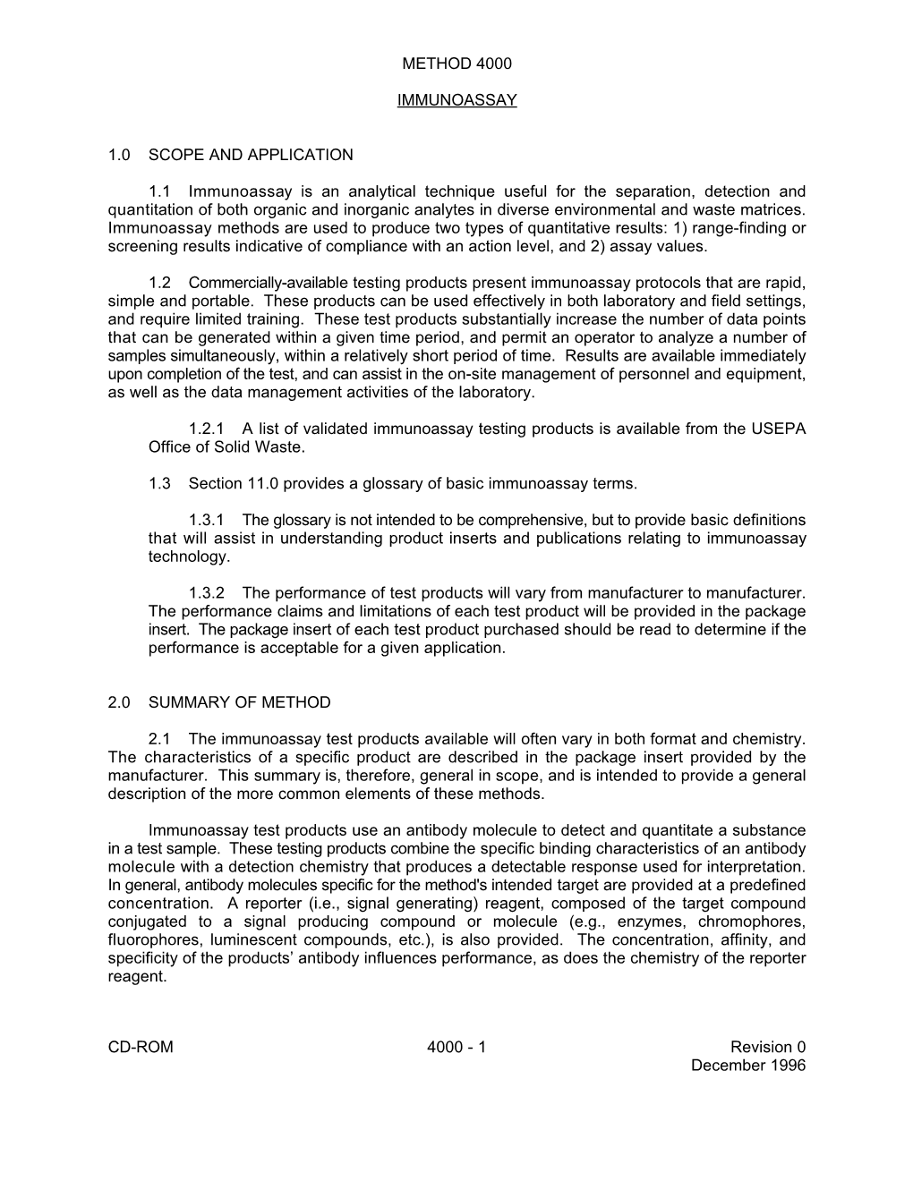 Method 4000: Immunoassay, Part of Test Methods for Evaluating Solid Waste, Physical/Chemical Methods