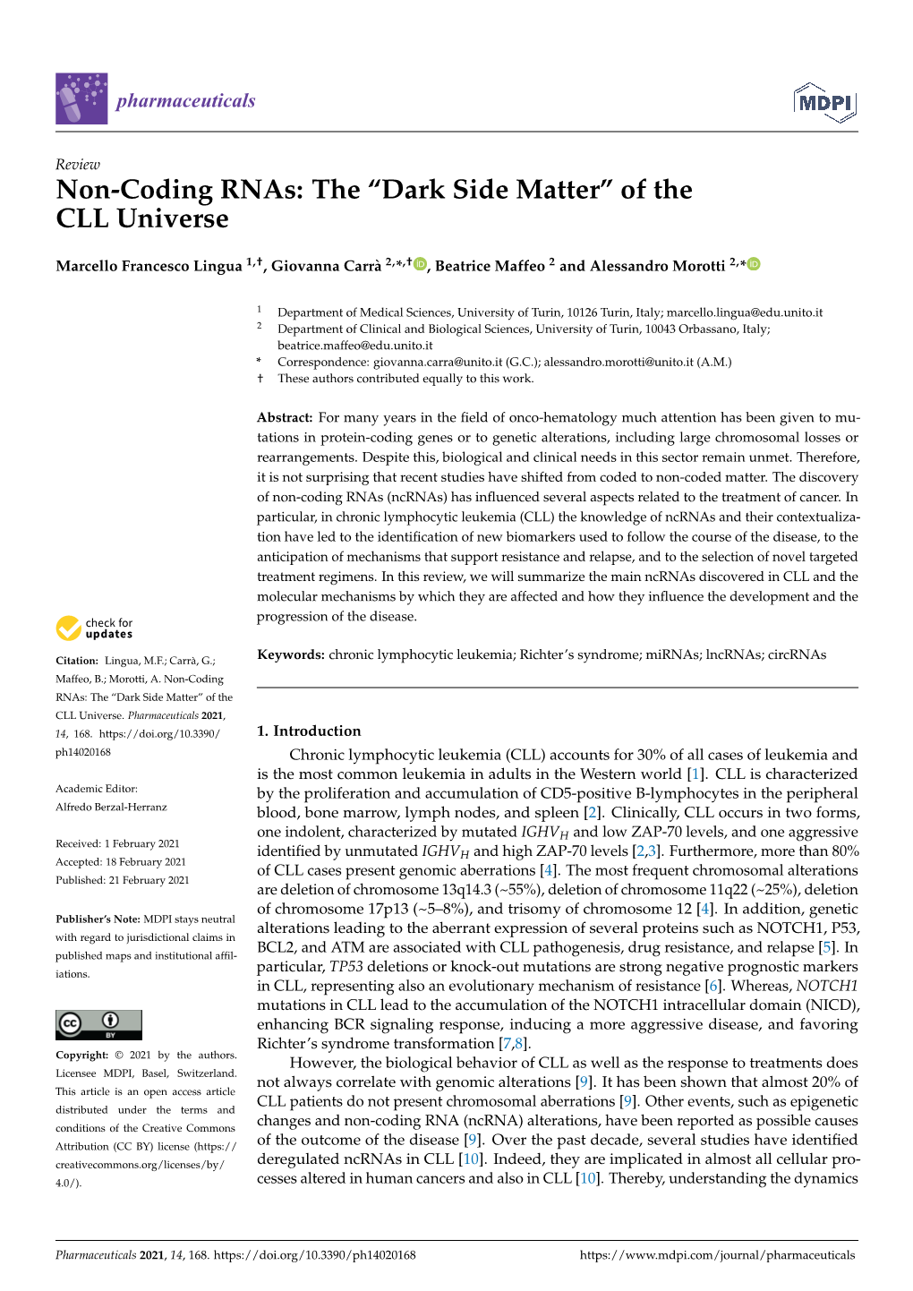 Non-Coding Rnas: the “Dark Side Matter” of the CLL Universe