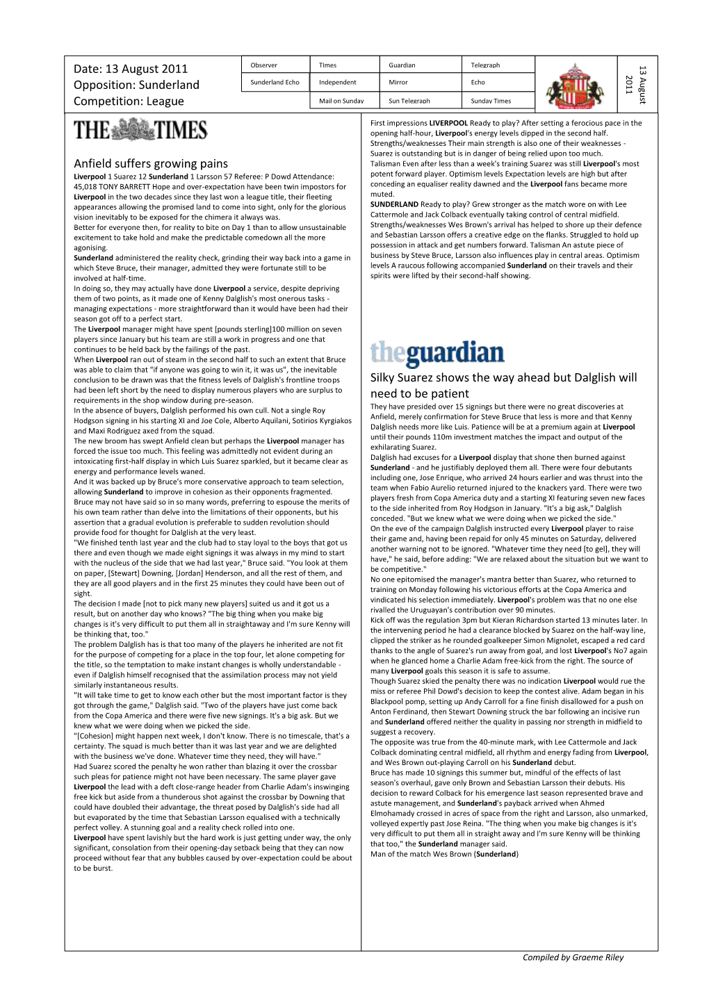 13 August 2011 Opposition: Sunderland Competition: League Anfield Suffers Growing Pains Silky Suarez Shows the Way Ahead B