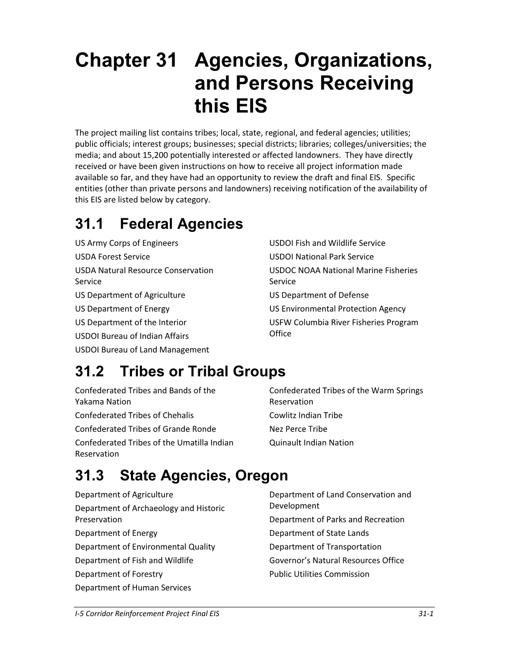 Chapter 31 Agencies, Organizations, and Persons Receiving This EIS